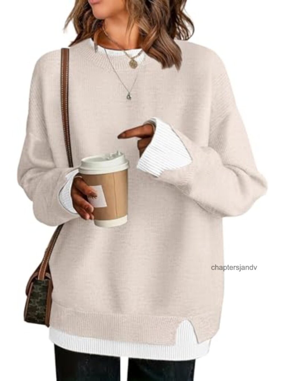 Womens Oversized Knit Pullover Sweater Patchwork Crew Neck Long Sleeve